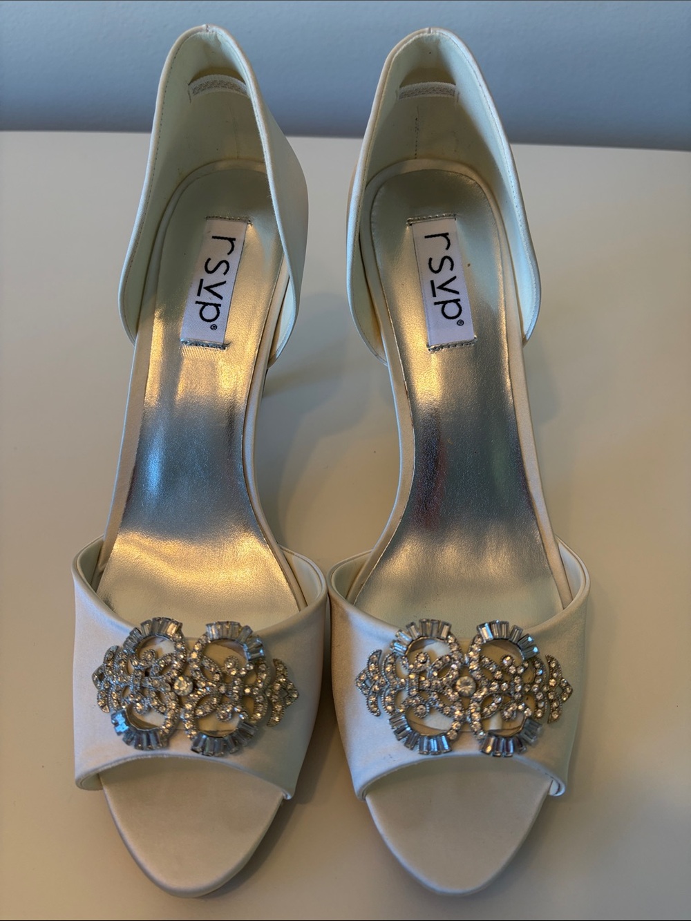 RSVP Ivory Satin Open-Toe Heels with Crystal Brooch, Size 9.5 (NIB)